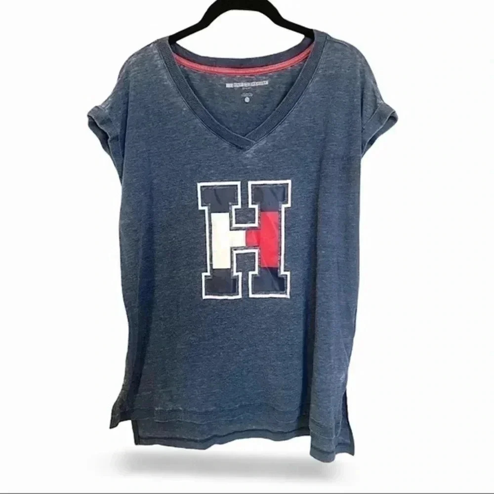 Nordstrom Tommy Hilfiger Blue Graphic Tee Women’s Logo V-neck T-Shirt Sport XL
